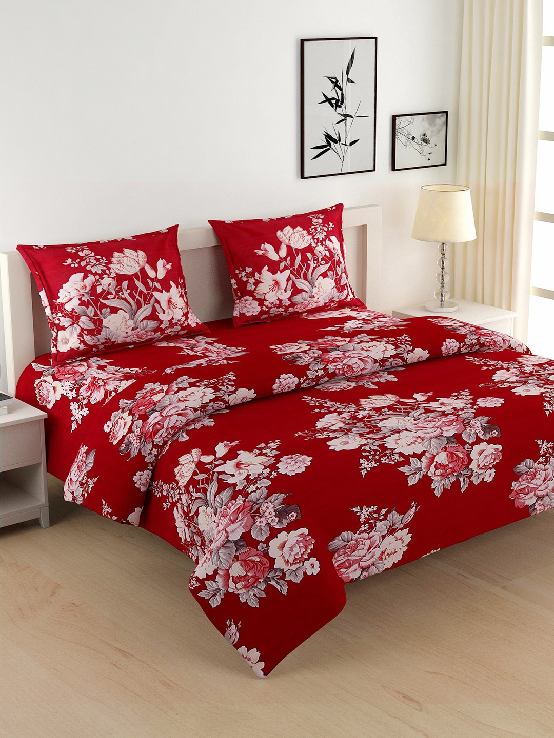 

SWAYAM Unisex Red & White Floral Printed Cotton Bedding Set With Comforter