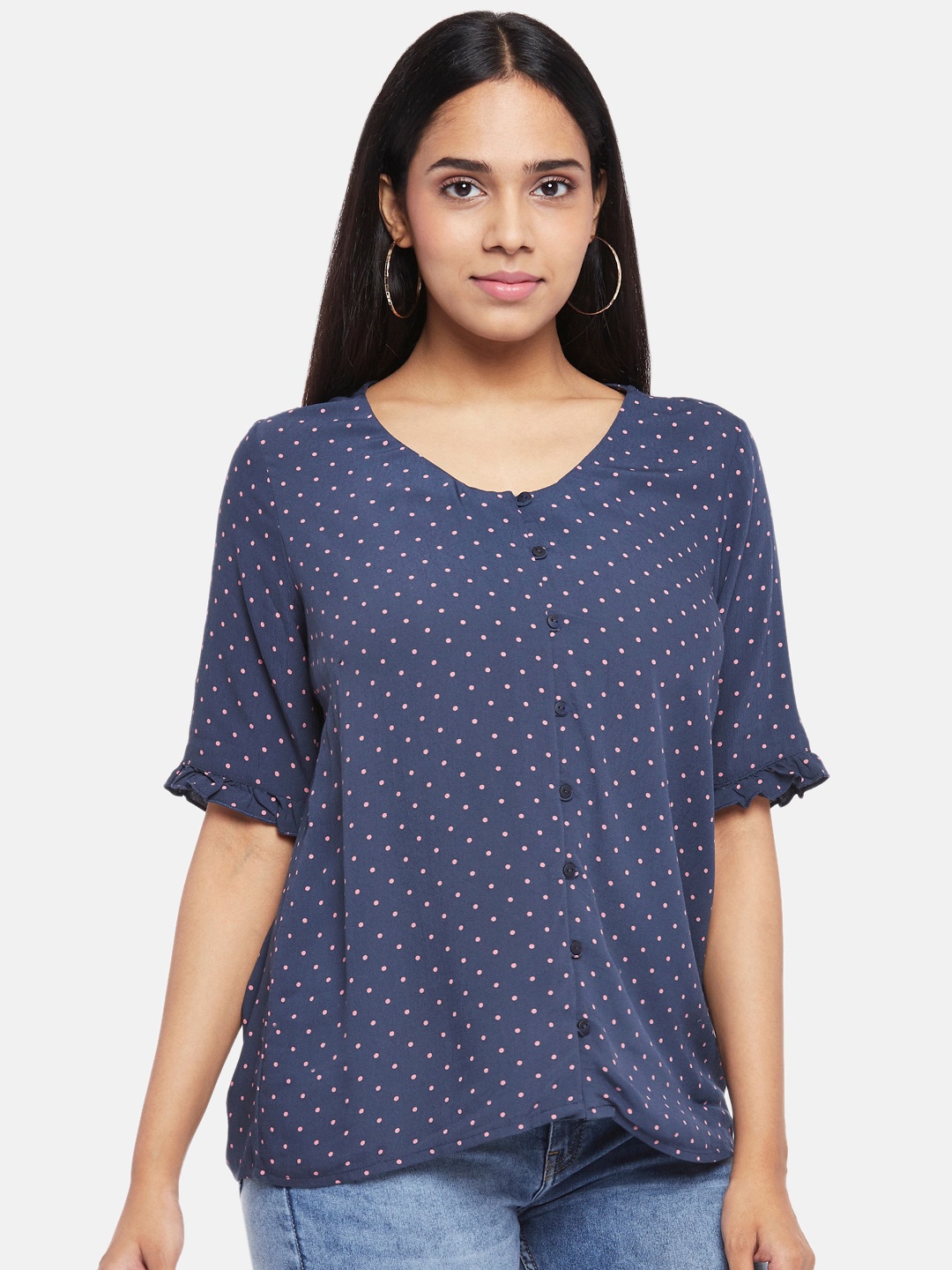 

Honey by Pantaloons Navy Blue & Coral Polka Dots Printed Regular Top