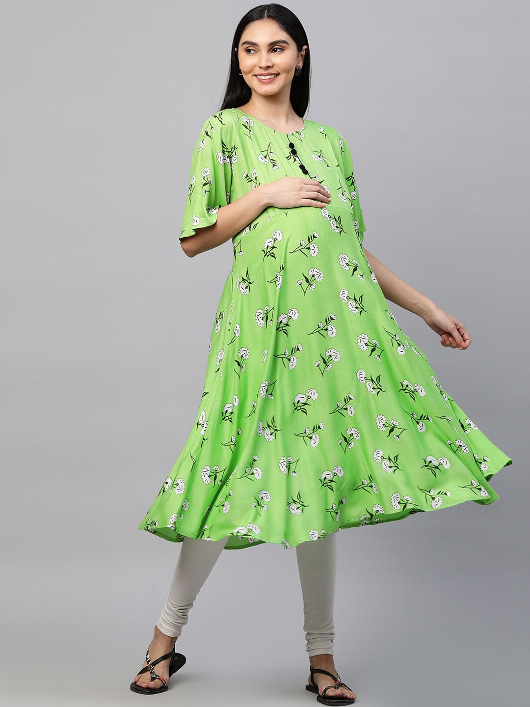 

MomToBe Women Lime Green Floral Dyed Flared Sleeves Maternity Nursing Anarkali Kurta