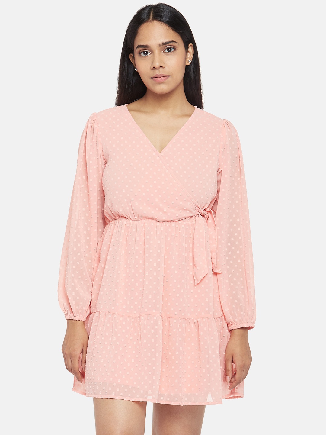 

People Pink Tiered Tie-up Puff Sleeved Dress
