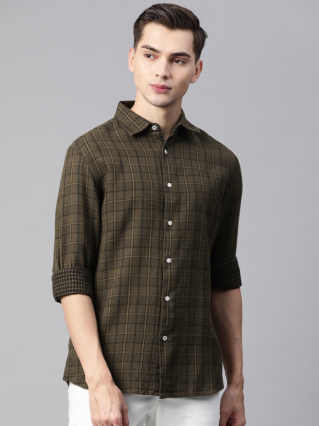 

Marks & Spencer Men Olive Green & Black Checked Casual Shirt