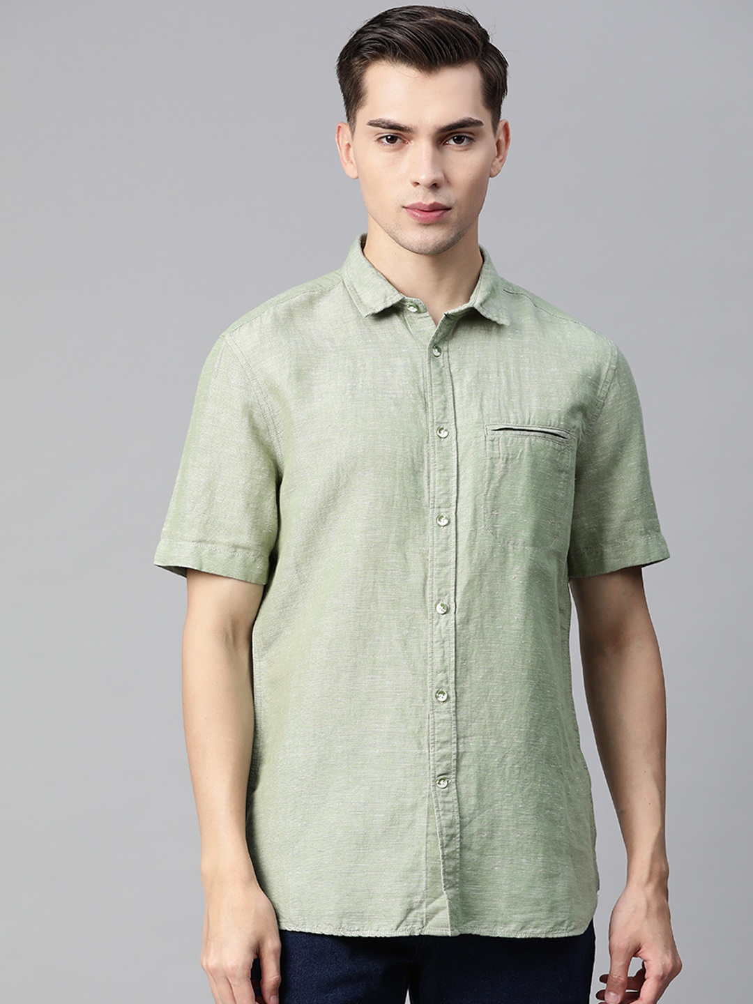 

Marks & Spencer Men Green Solid Opaque Casual Shirt