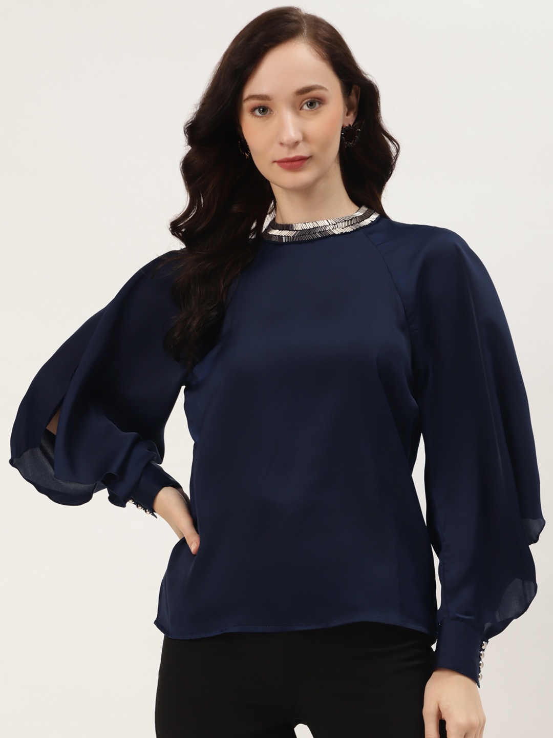 

LABEL REGALIA Navy Blue Studded Embellished Blouson Top