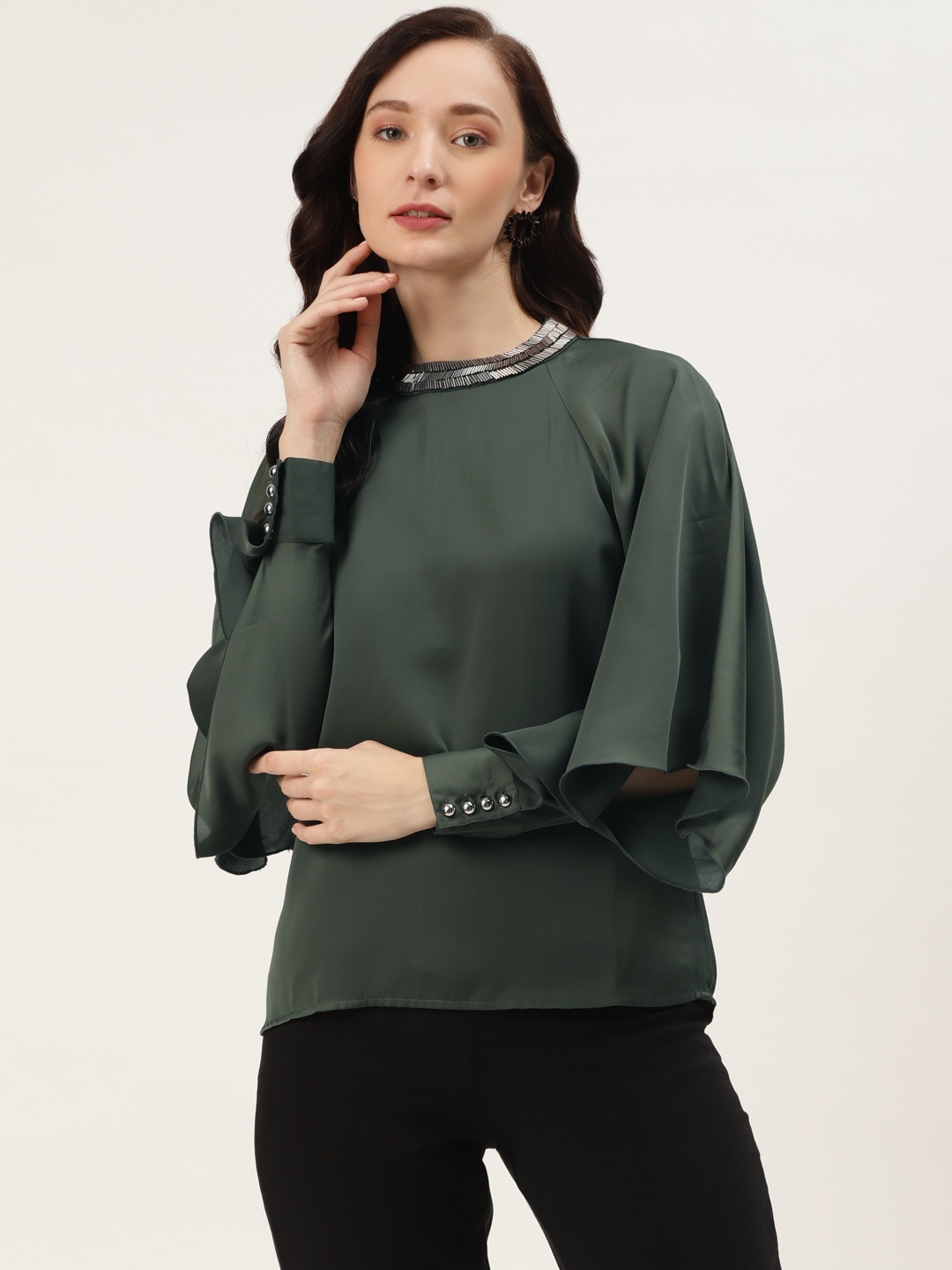 

LABEL REGALIA Olive Green Embellished Blouson Top