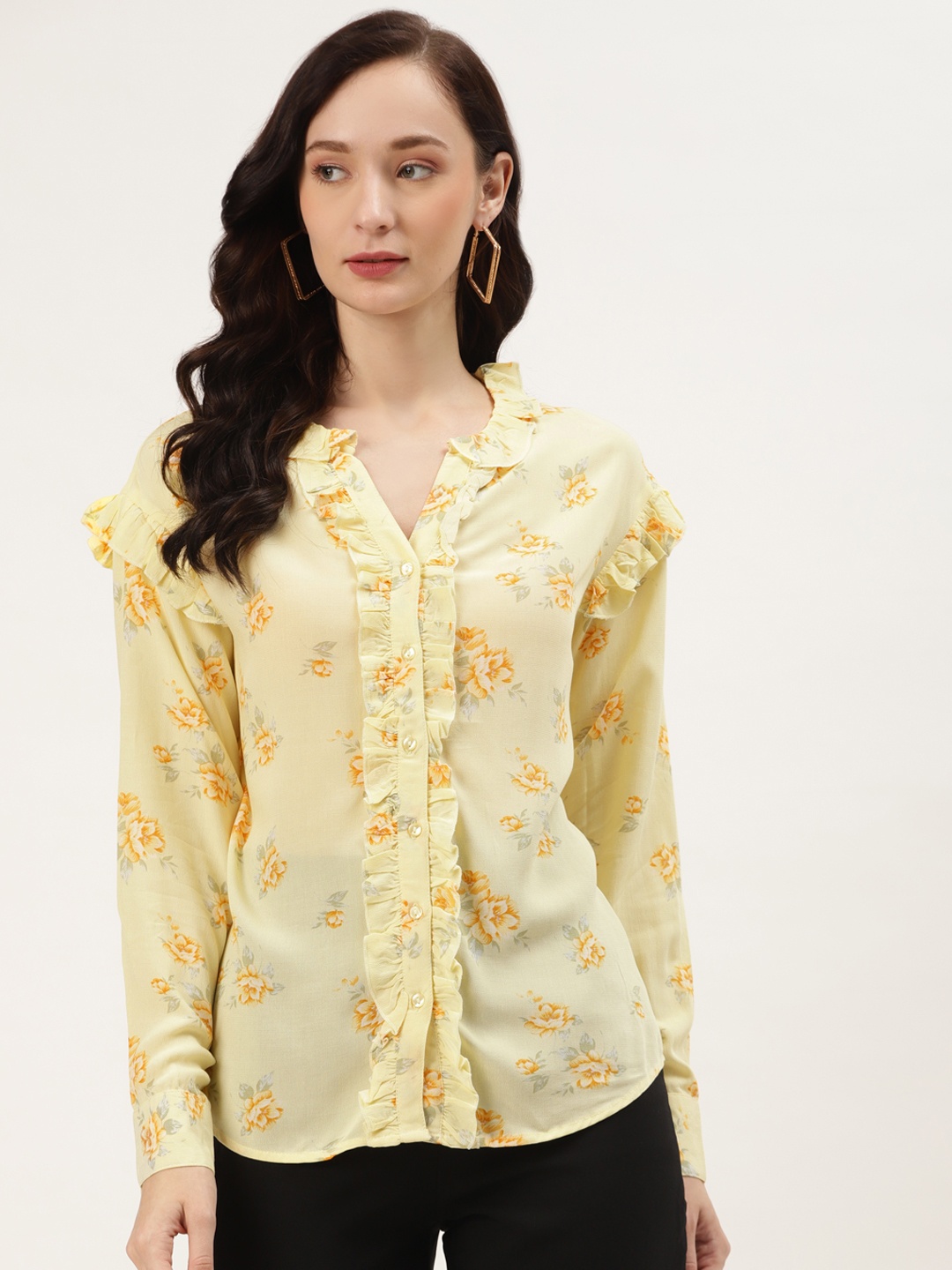 

LABEL REGALIA Yellow Floral Mandarin Collar Ruffles Georgette Shirt Style Top