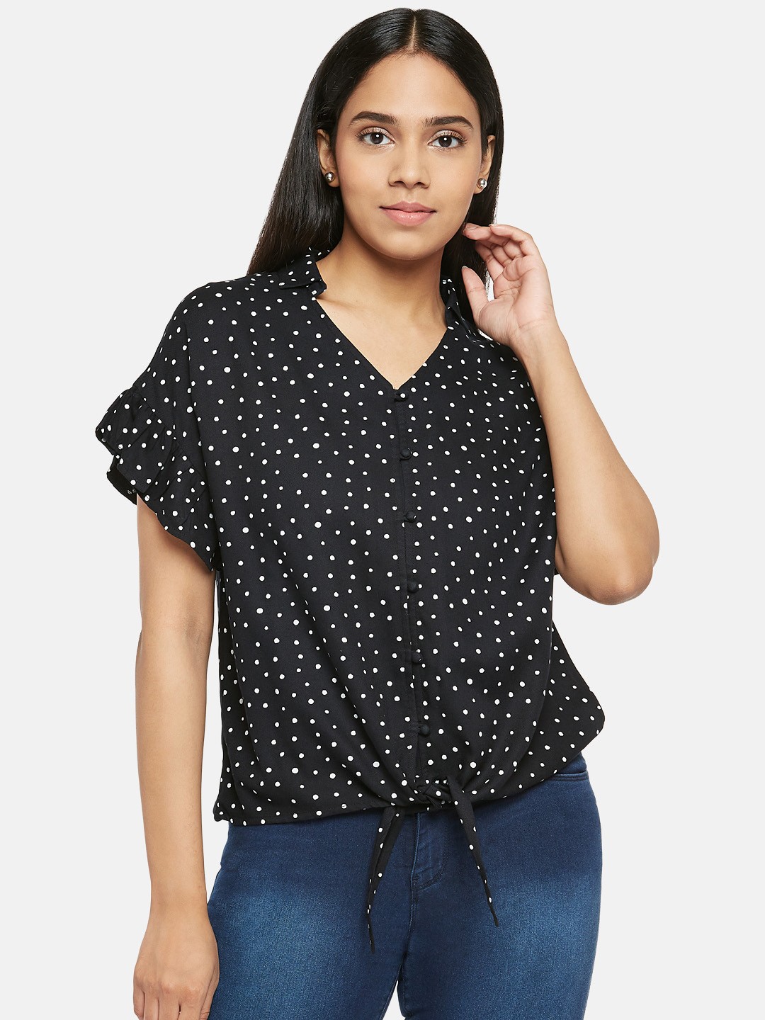 

People Women Black Opaque Printed Casual Shirt
