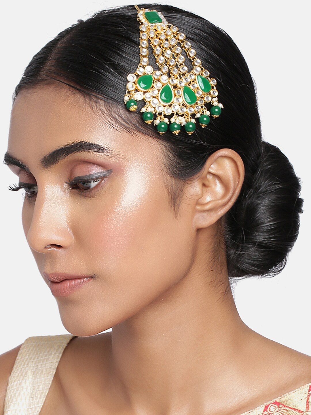 

I Jewels Women Gold-Plated & Green Kundan Pearl Studded & Beaded Jhumar Passa