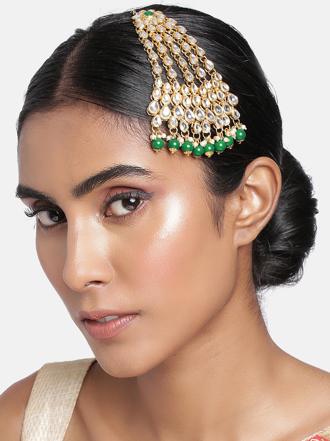 

I Jewels Women Gold-Plated & Green Kundan Pearl Studded & Beaded Jhumar Passa