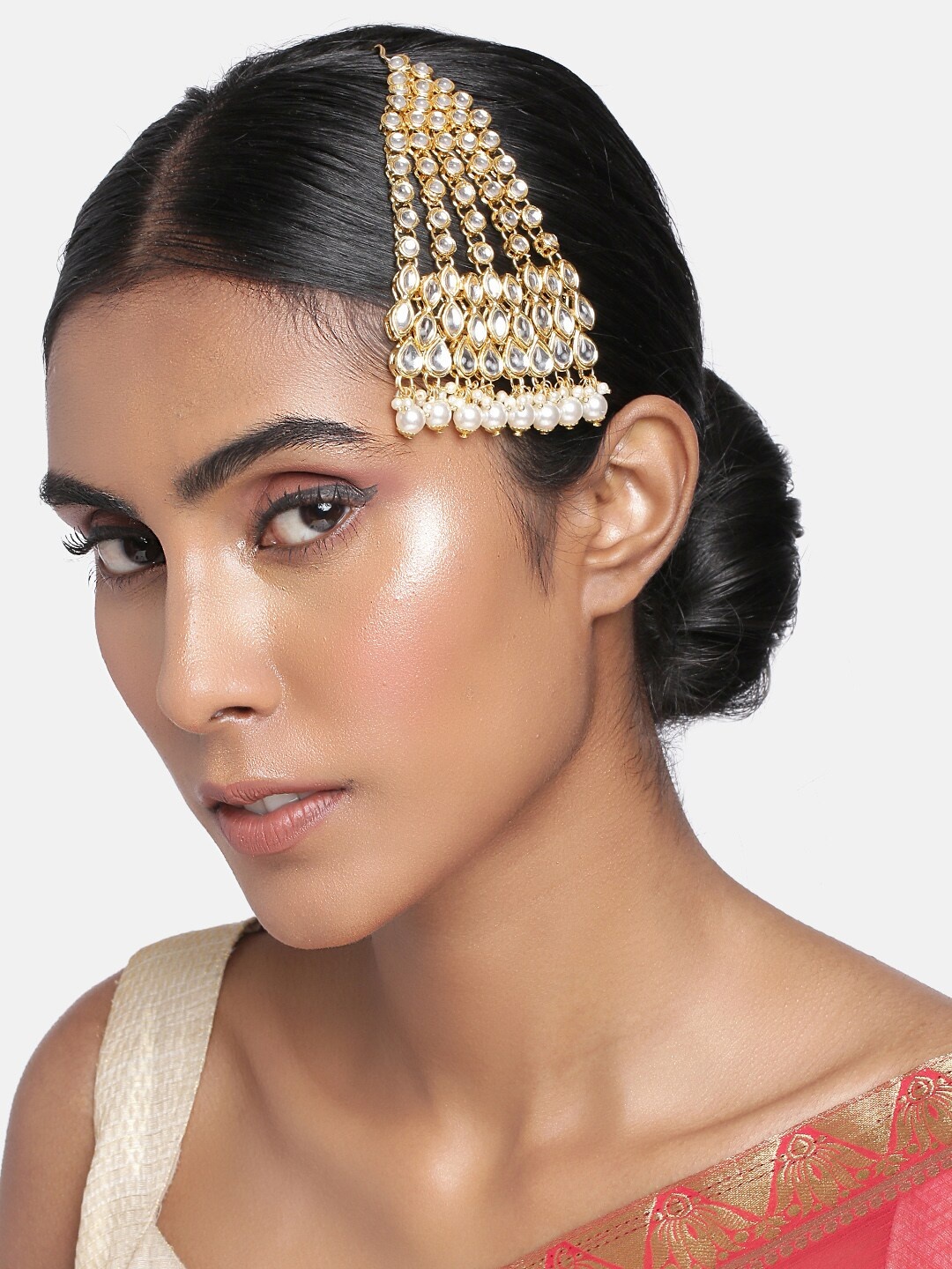 

I Jewels Women Gold-Plated & White Kundan Pearl Studded & Beaded Jhumar Passa