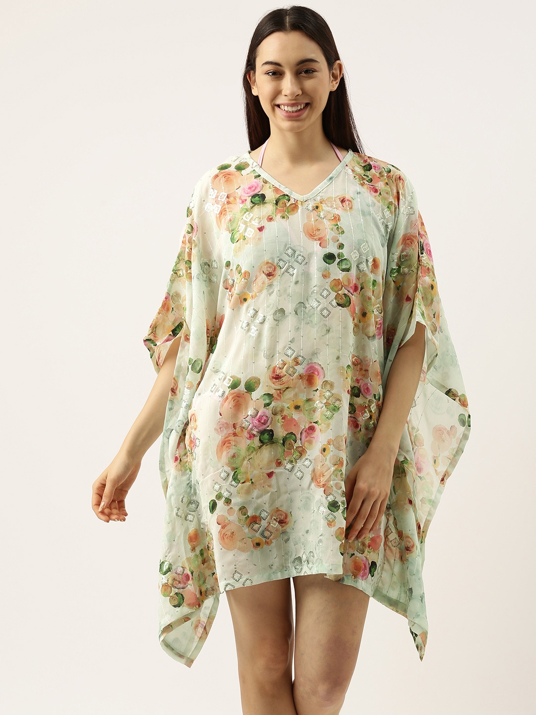

Clt.s Women Green Floral Printed Kaftan Beach Cover Up Dress