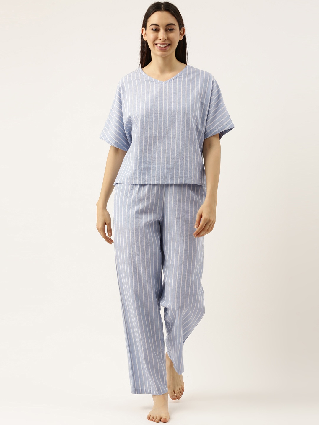 

Clt.s Women Blue Pure Cotton Striped Night Suit C1166