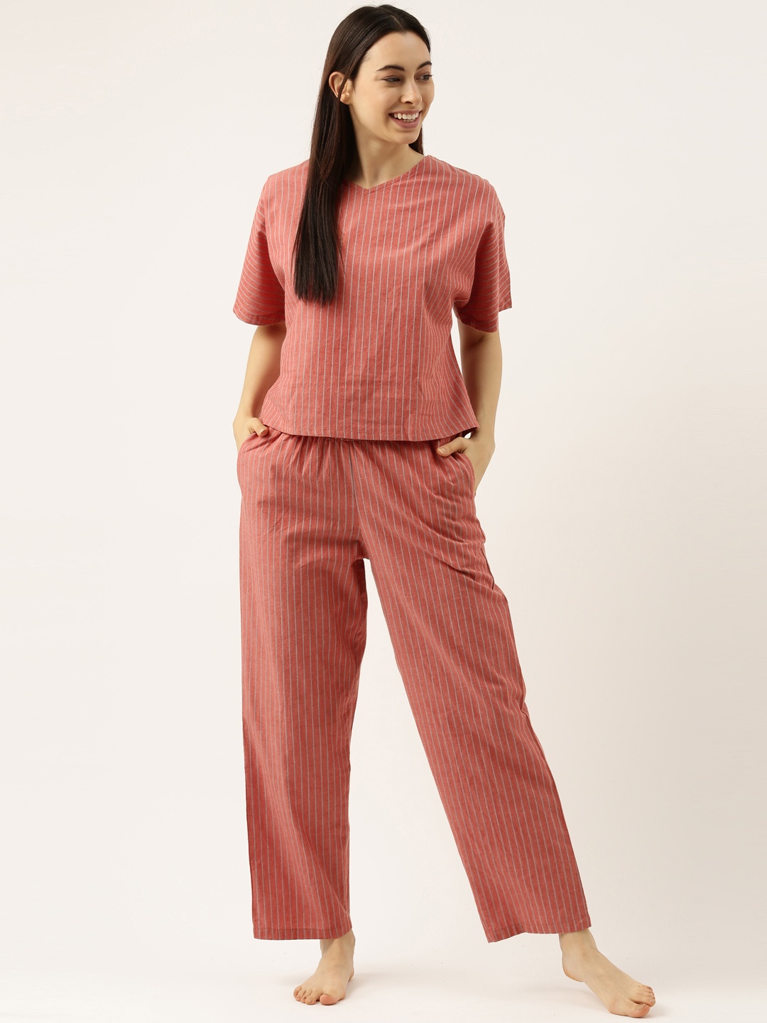 

Clt.s Women Rust Red Striped Night suit C1165