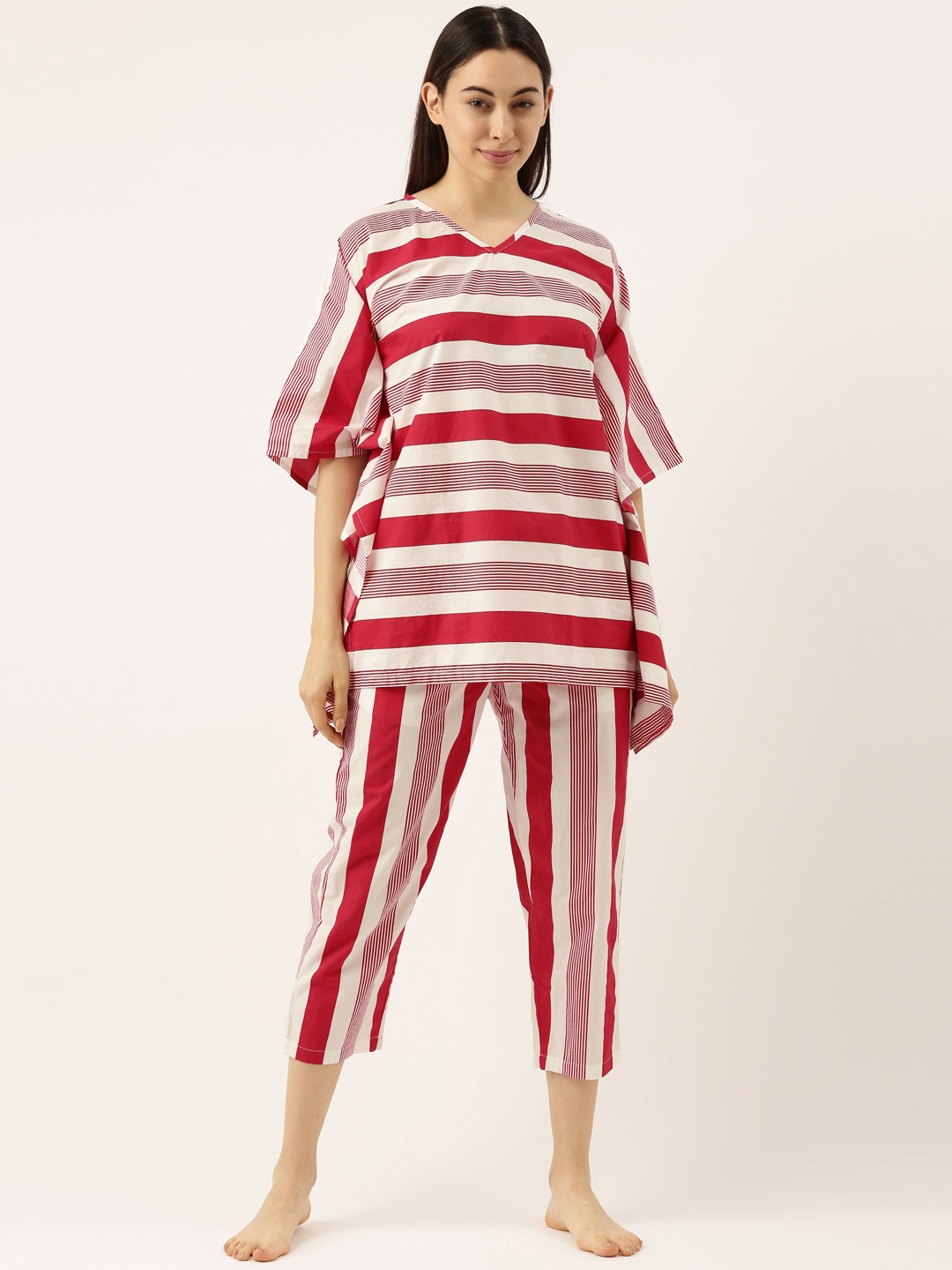 

Clt.s Women Red & White Striped Kaftan Night suit