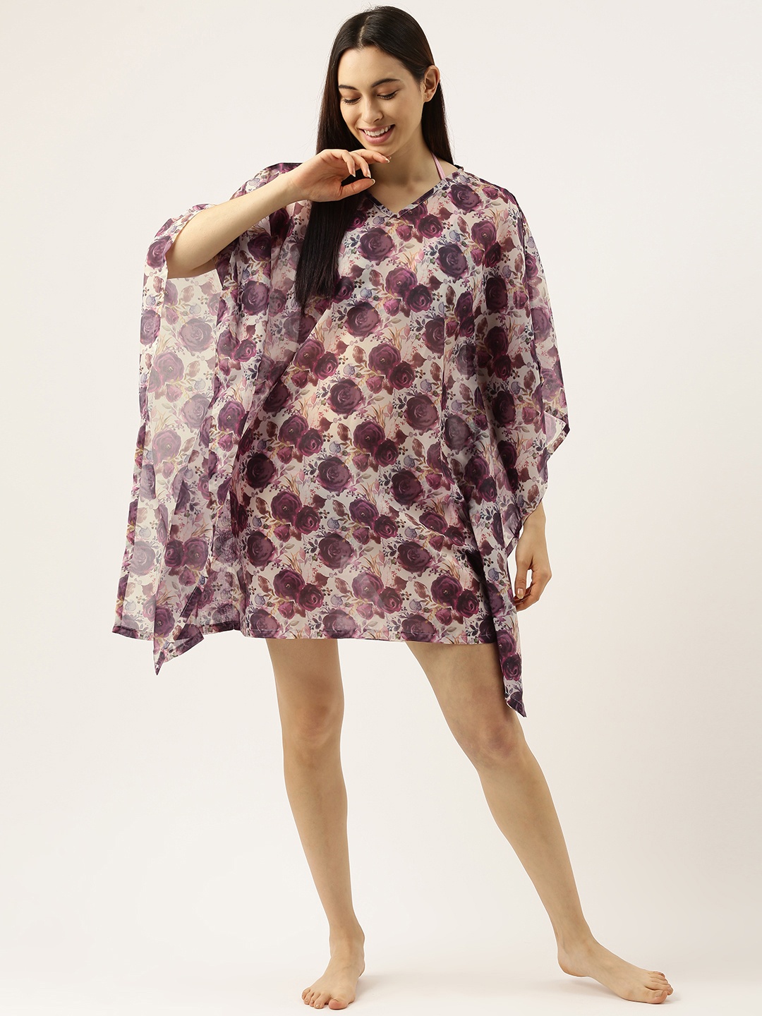 

Clt.s Women Purple & Beige Floral Print Beach Kaftan Cover Up Dress