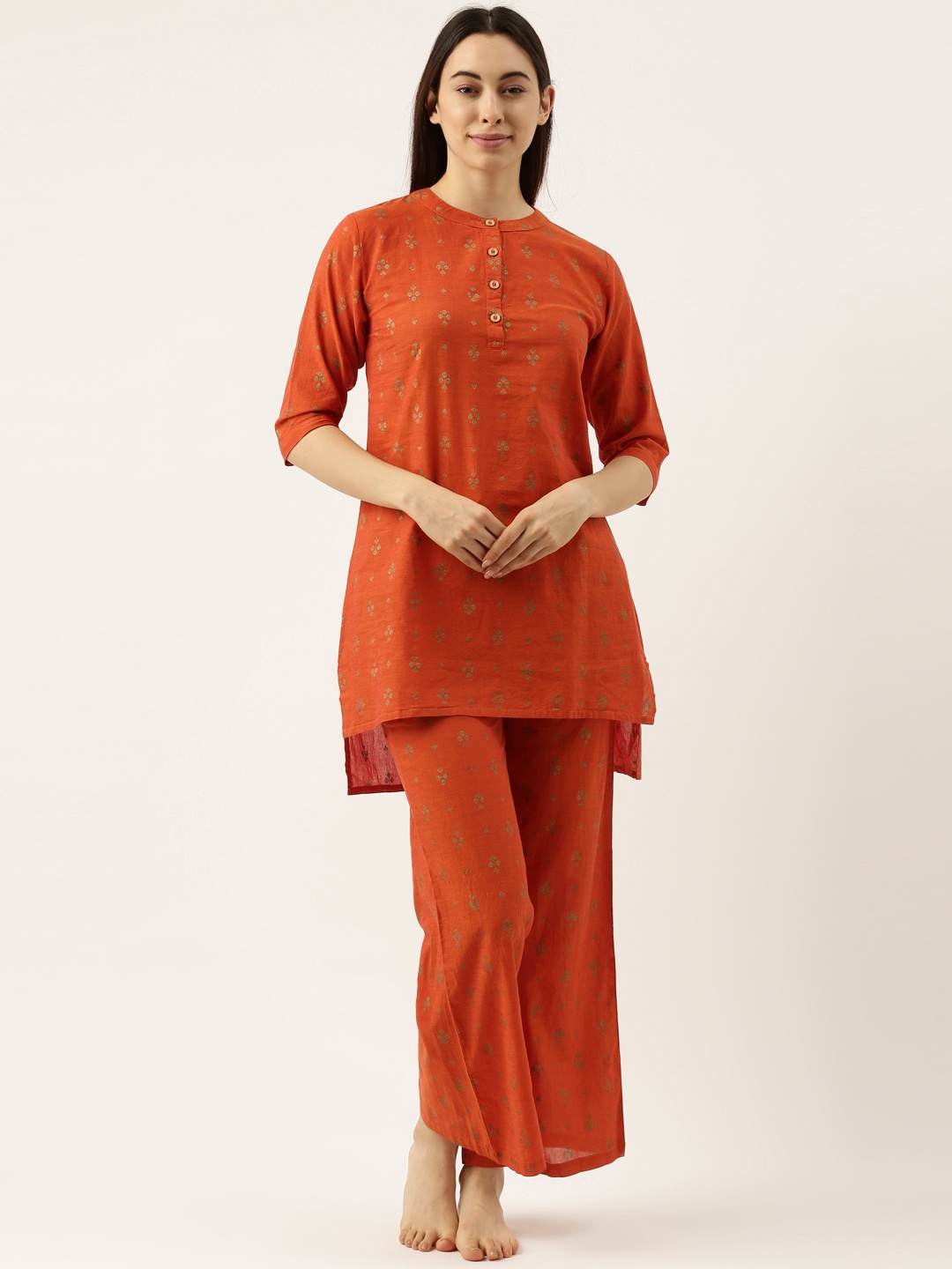 

Clt.s Women Orange Ethnic Motifs Printed Cotton Night suit