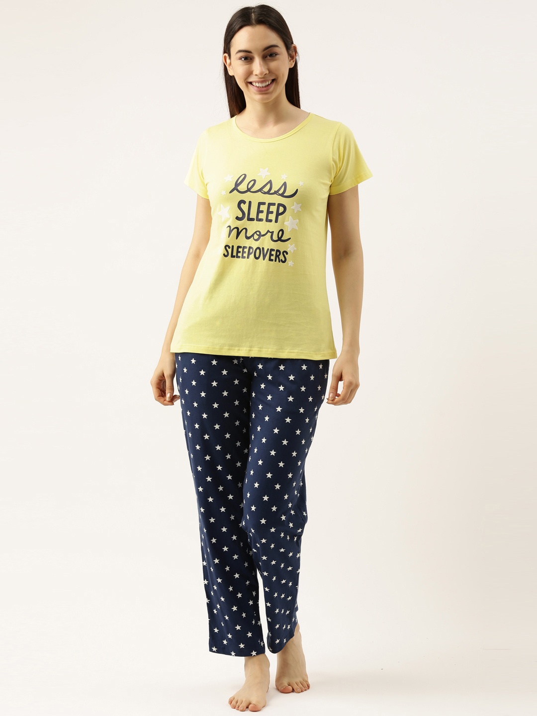 

Clt.s Women Yellow & Navy Blue Printed Pure Cotton Night suit