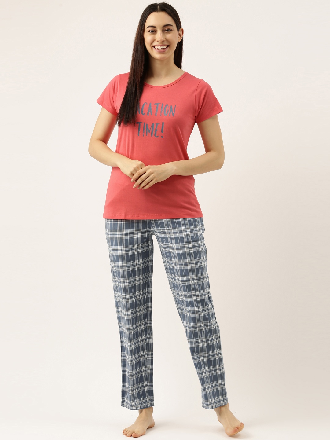 

Clt s Women Coral Red & Grey Printed Pure Cotton Night suit
