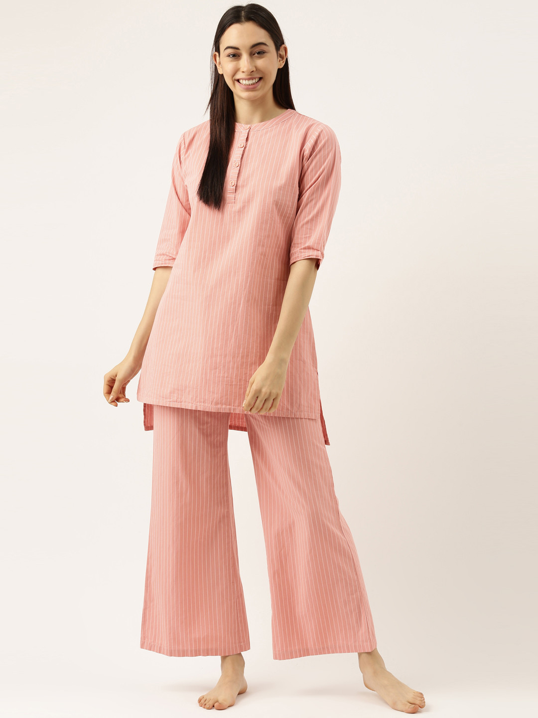 

Clt s Women Peach-Coloured Striped Night suit