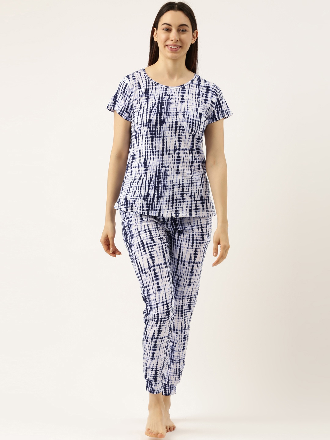 

Clt.s Women Navy Blue & White Tie & Dye Cotton Co-ord Night suit