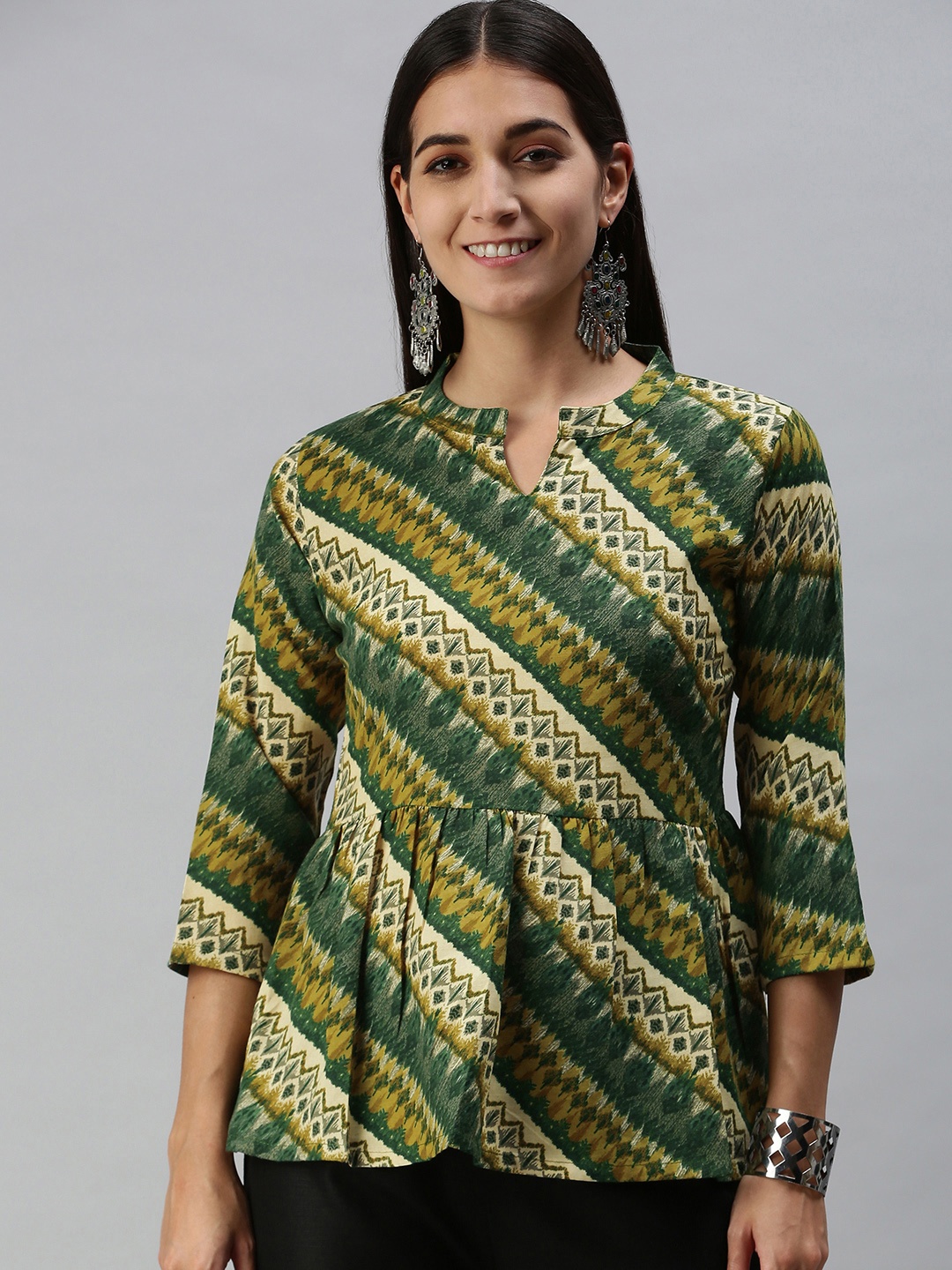 

SheWill Green & Multicoloured Mandarin Collar Peplum Top
