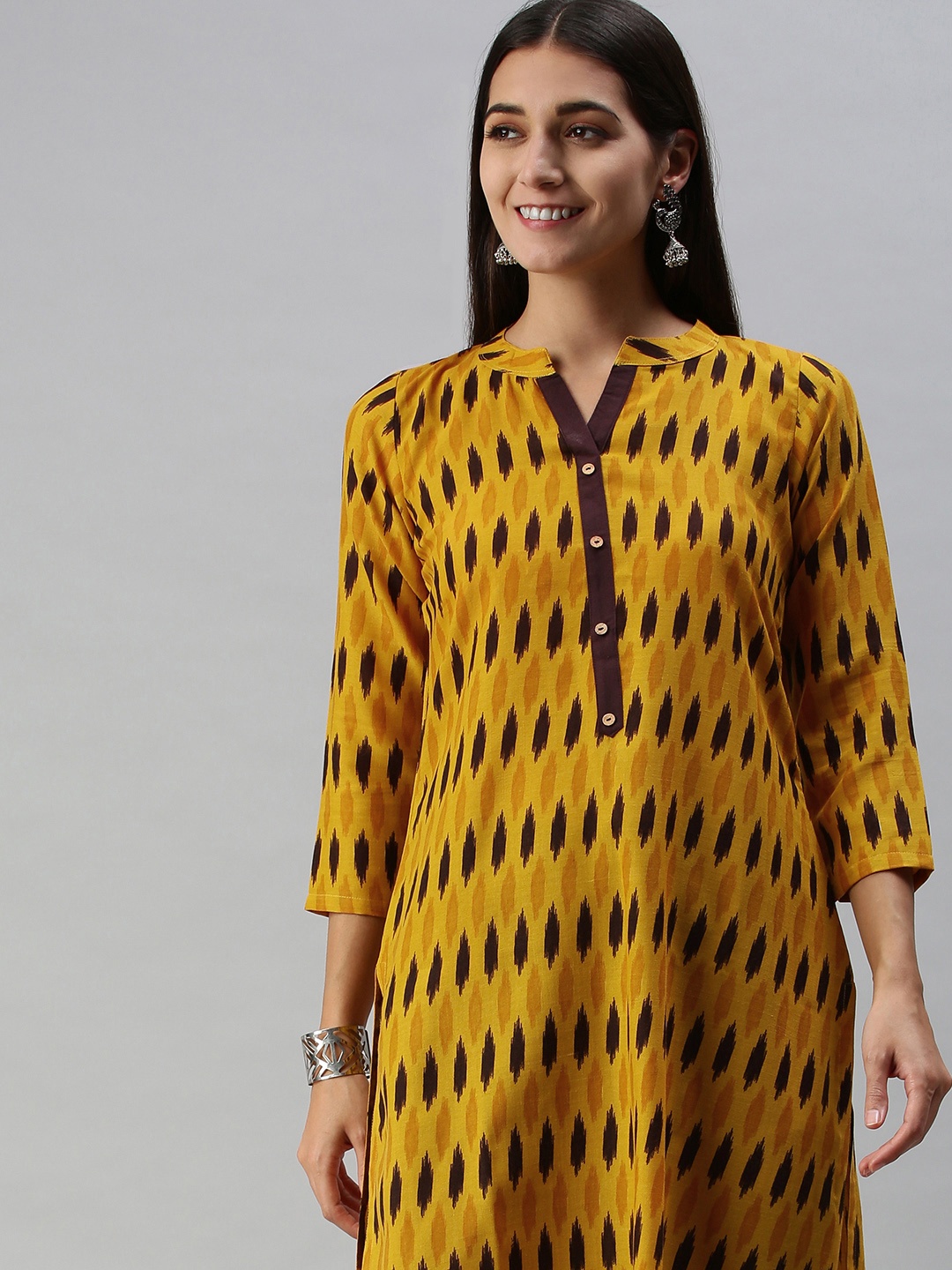 

SheWill Women Mustard Yellow & Brown Ethnic Motifs Printed Kurta