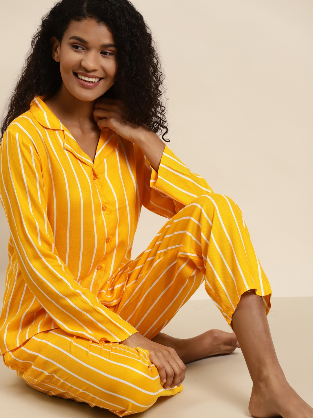 

Juniper Women Mustard Yellow & White Striped Night suit