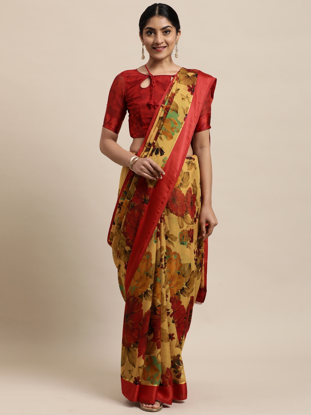 

Satrani Yellow & Maroon Floral Printed Pure Chiffon Saree