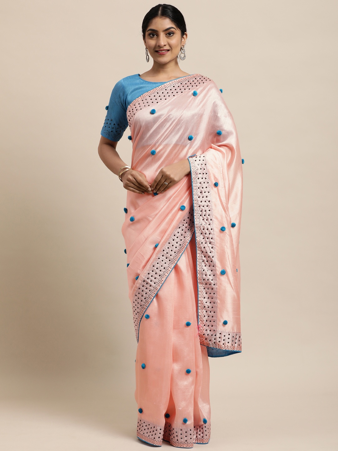 

Satrani Peach-Coloured Pom Pom Embellished Saree