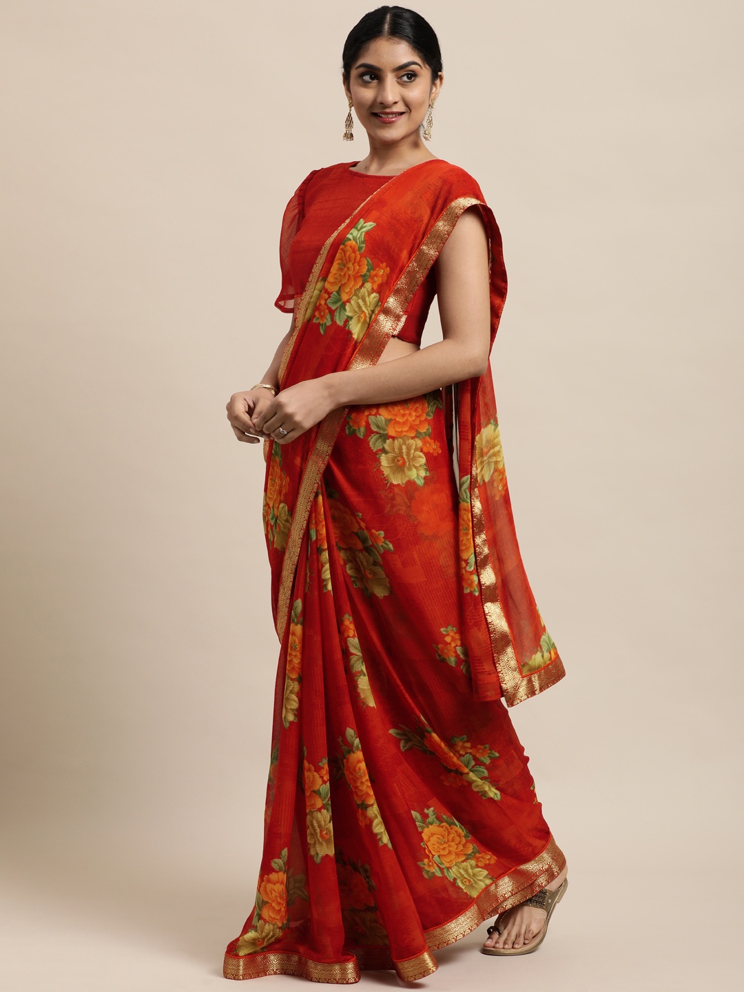 

Satrani Yellow & Green Floral Pure Chiffon Saree