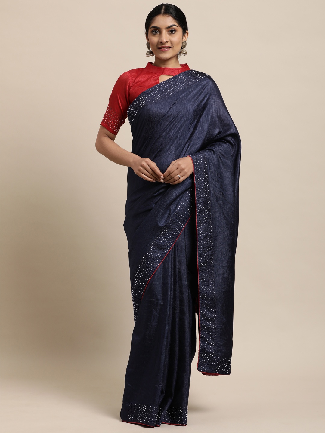 

Satrani Navy Blue Solid Saree With Embellished Border