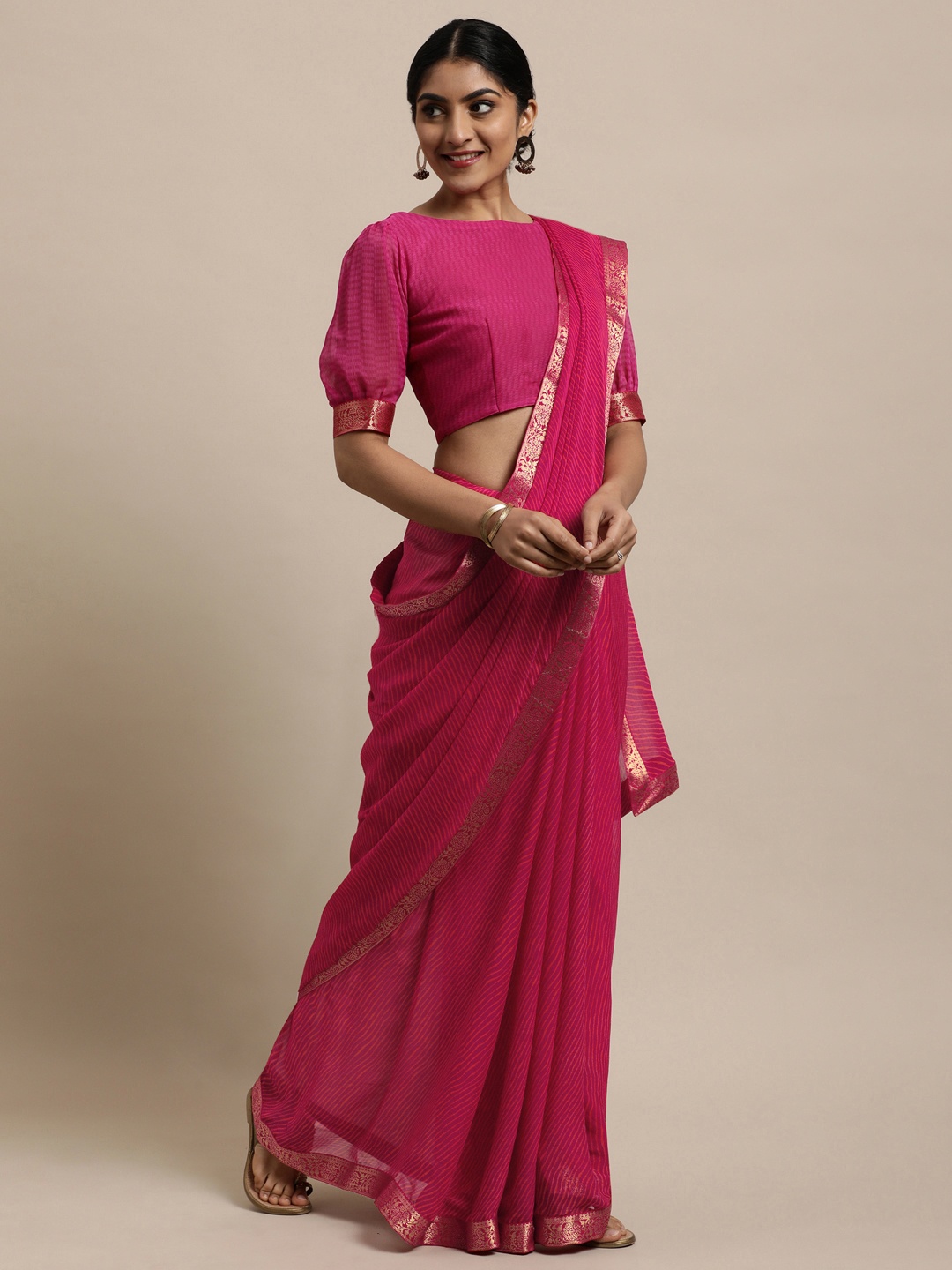 

Satrani Pink & Orange Leheriya Pure Chiffon Saree