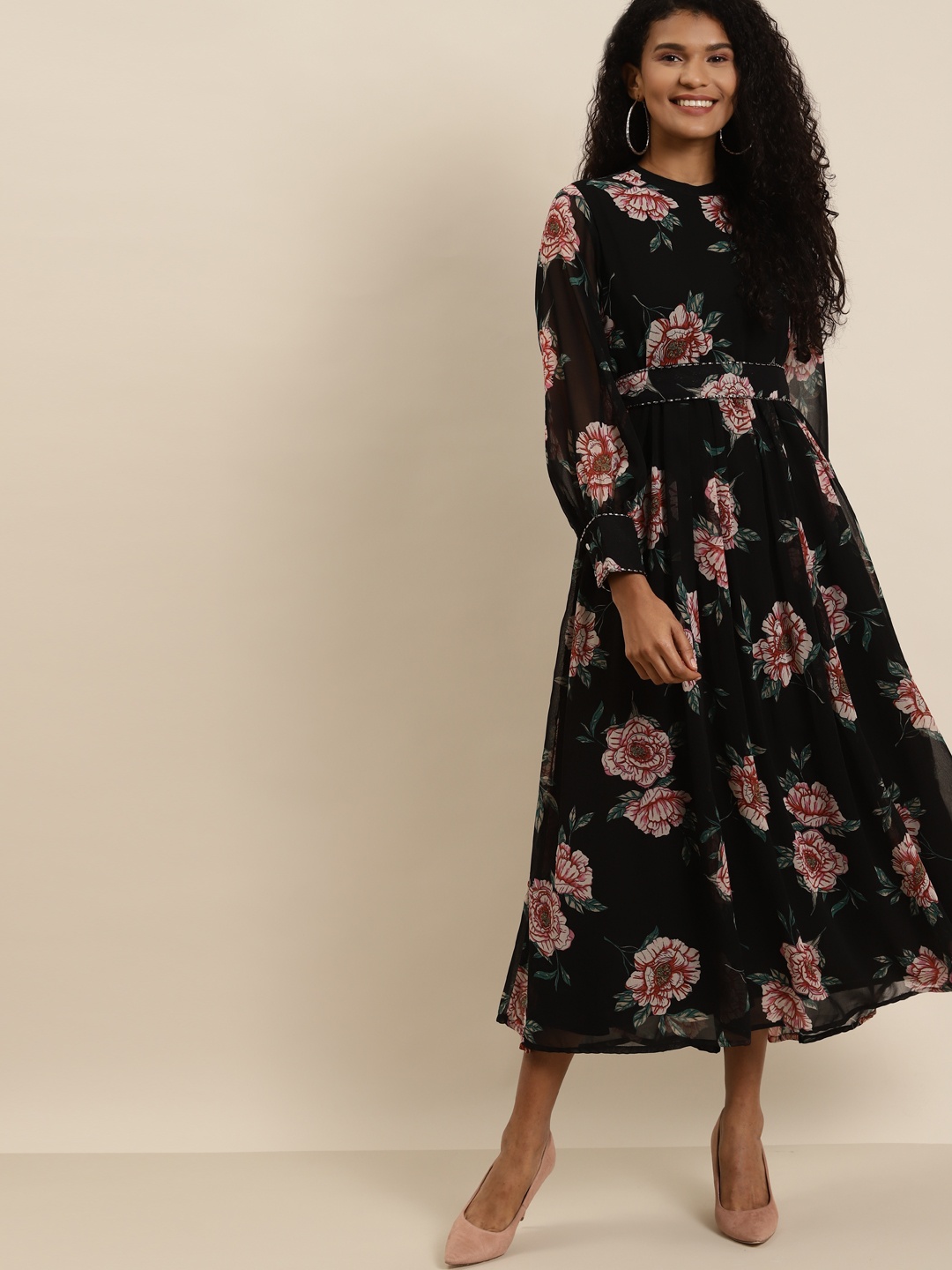

Juniper Women Black & Green Floral Print Maxi Dress