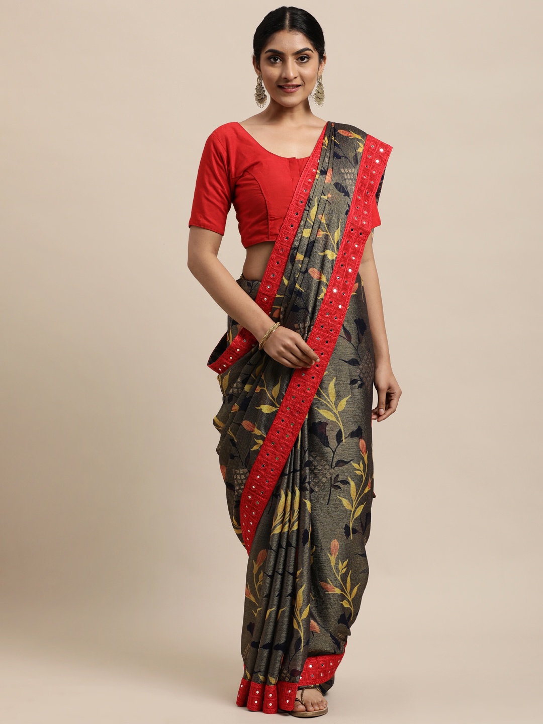 

Mitera Grey & Yellow Floral Printed Brasso Saree With Mirror Work