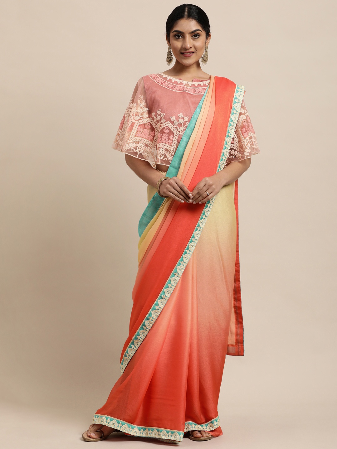 

Mitera Pink & Beige Colourblocked Pure Chiffon Saree