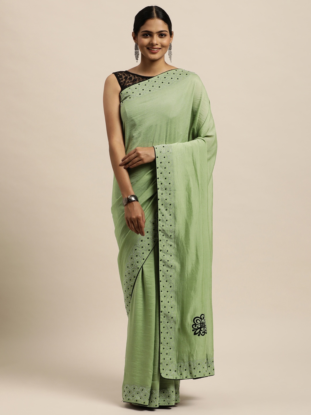 

Mitera Green Embellished Saree With Applique Patchwork