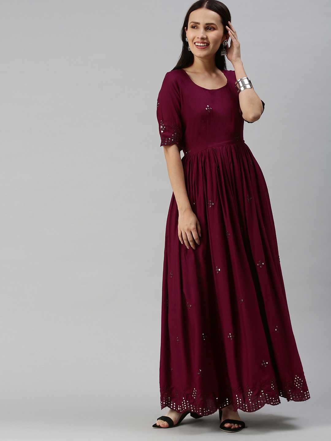 

Swishchick Maroon Embellished Maxi Dress