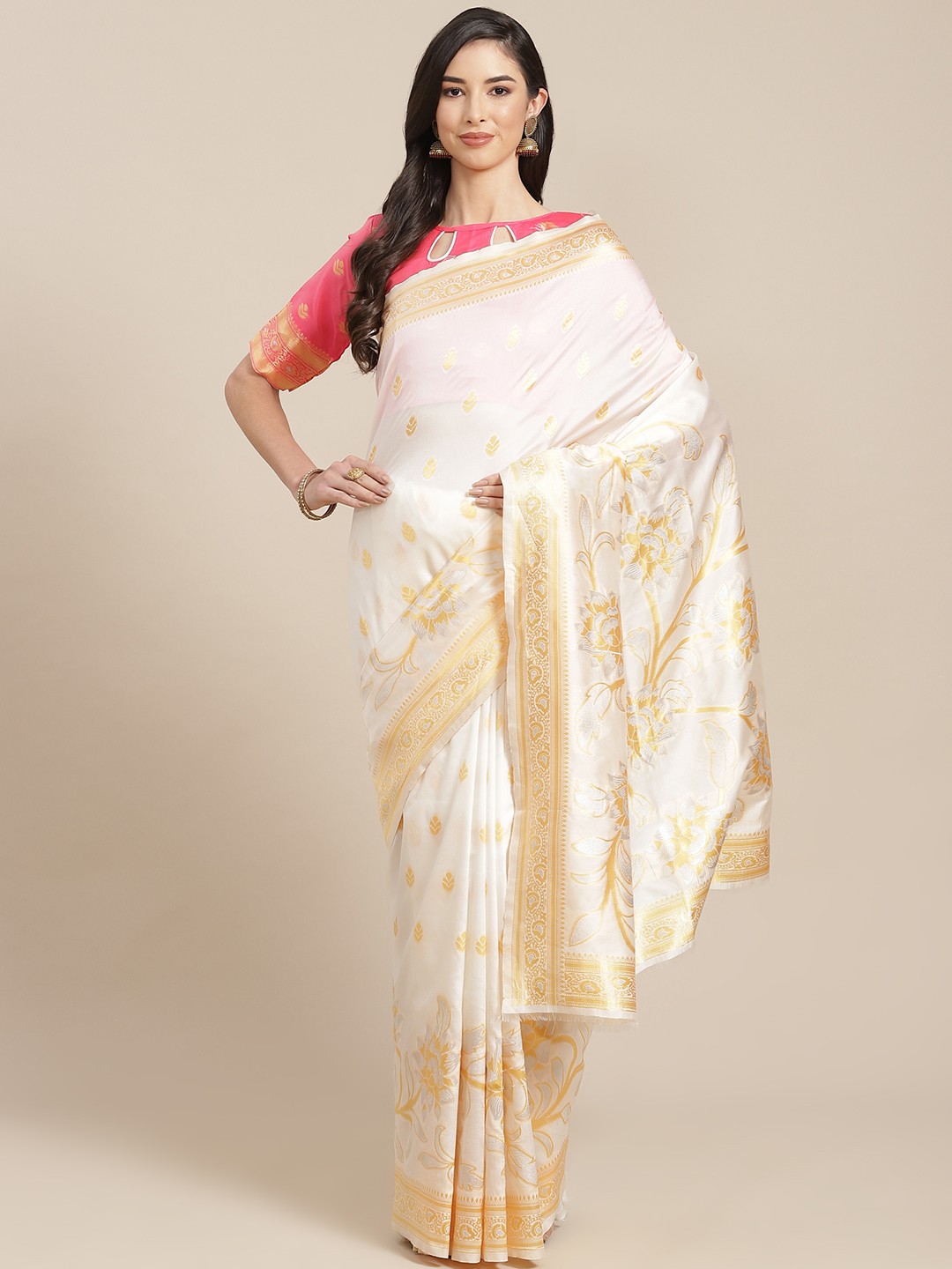 

RAJGRANTH Cream-Coloured & Gold-Toned Woven Design Banarasi Saree