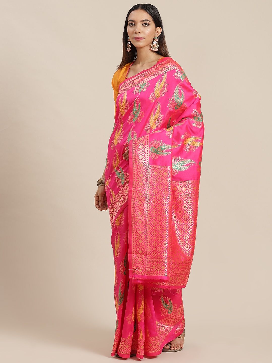 

RAJGRANTH Pink Ethnic Motifs Ready to Wear Banarasi Saree