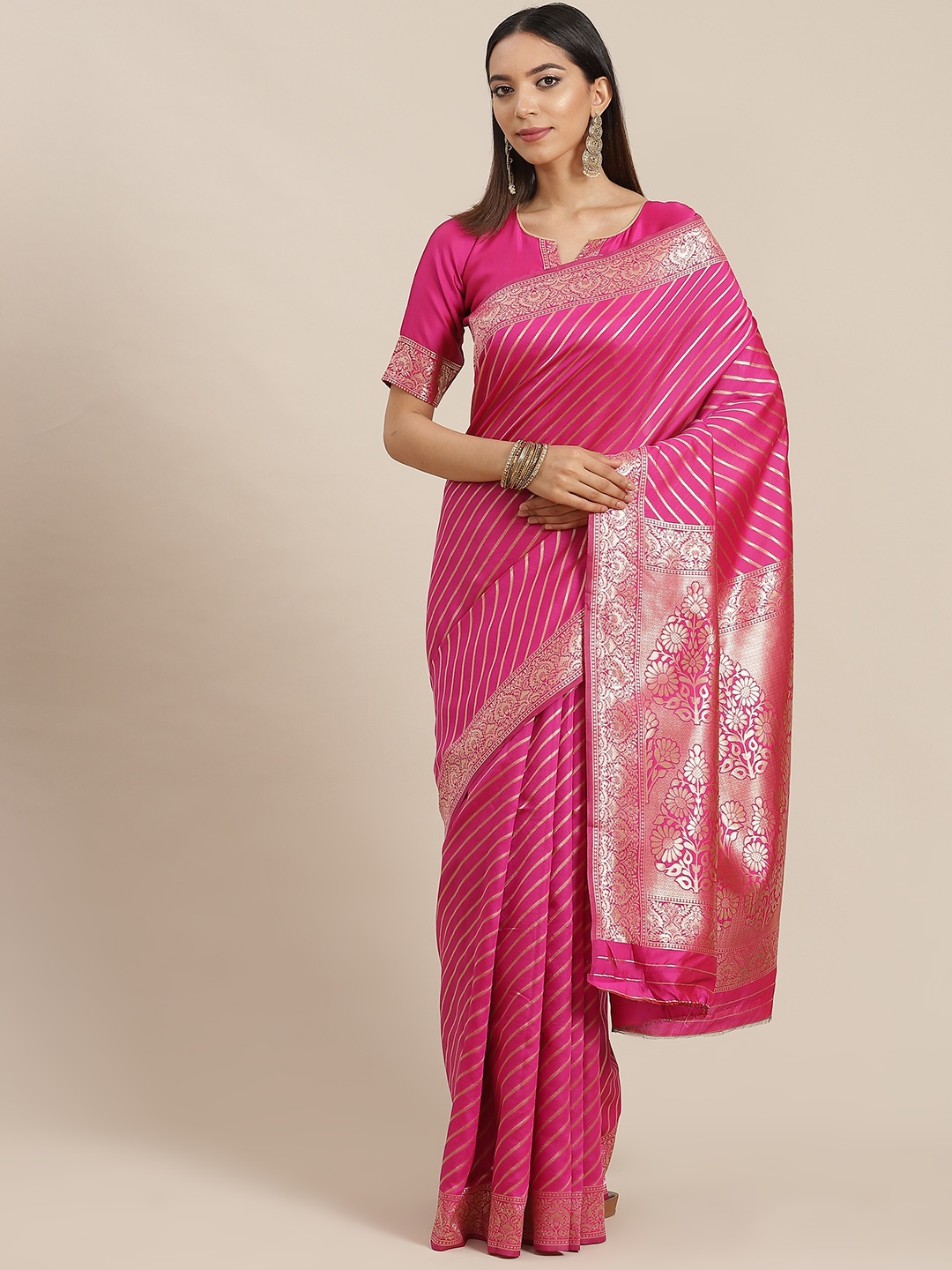 

RAJGRANTH Pink Striped Banarasi Saree