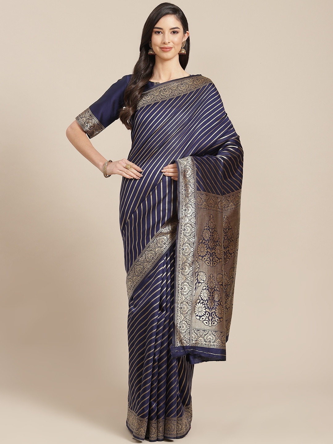 

RAJGRANTH Navy Blue Woven Design Silk Cotton Banarasi Saree