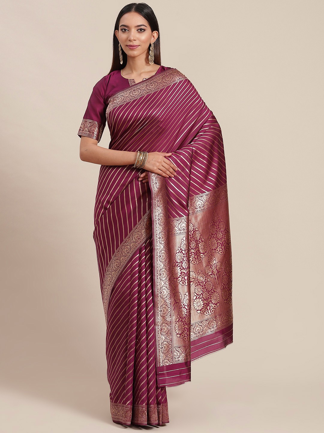 

RAJGRANTH Purple Striped Banarasi Saree