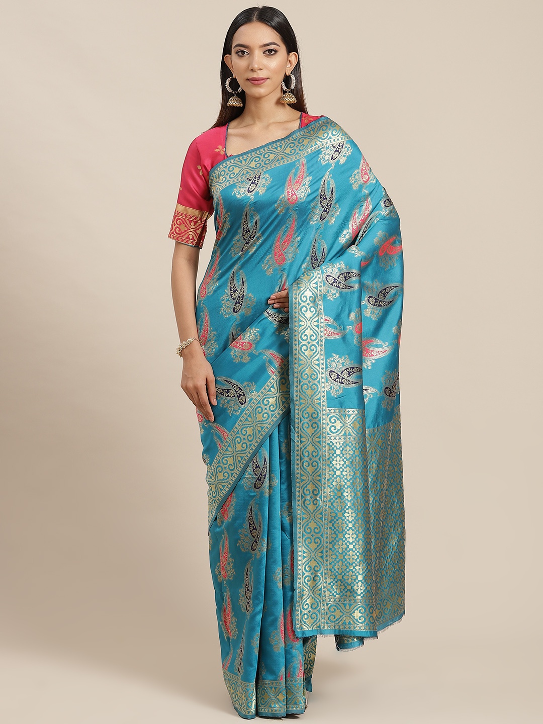 

RAJGRANTH Turquoise Blue Ethnic Motifs Ready to Wear Banarasi Saree