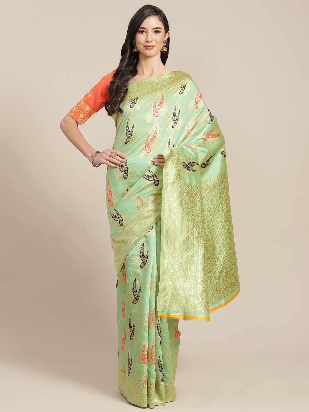 

RAJGRANTH Green Woven Design Silk Cotton Banarasi Saree