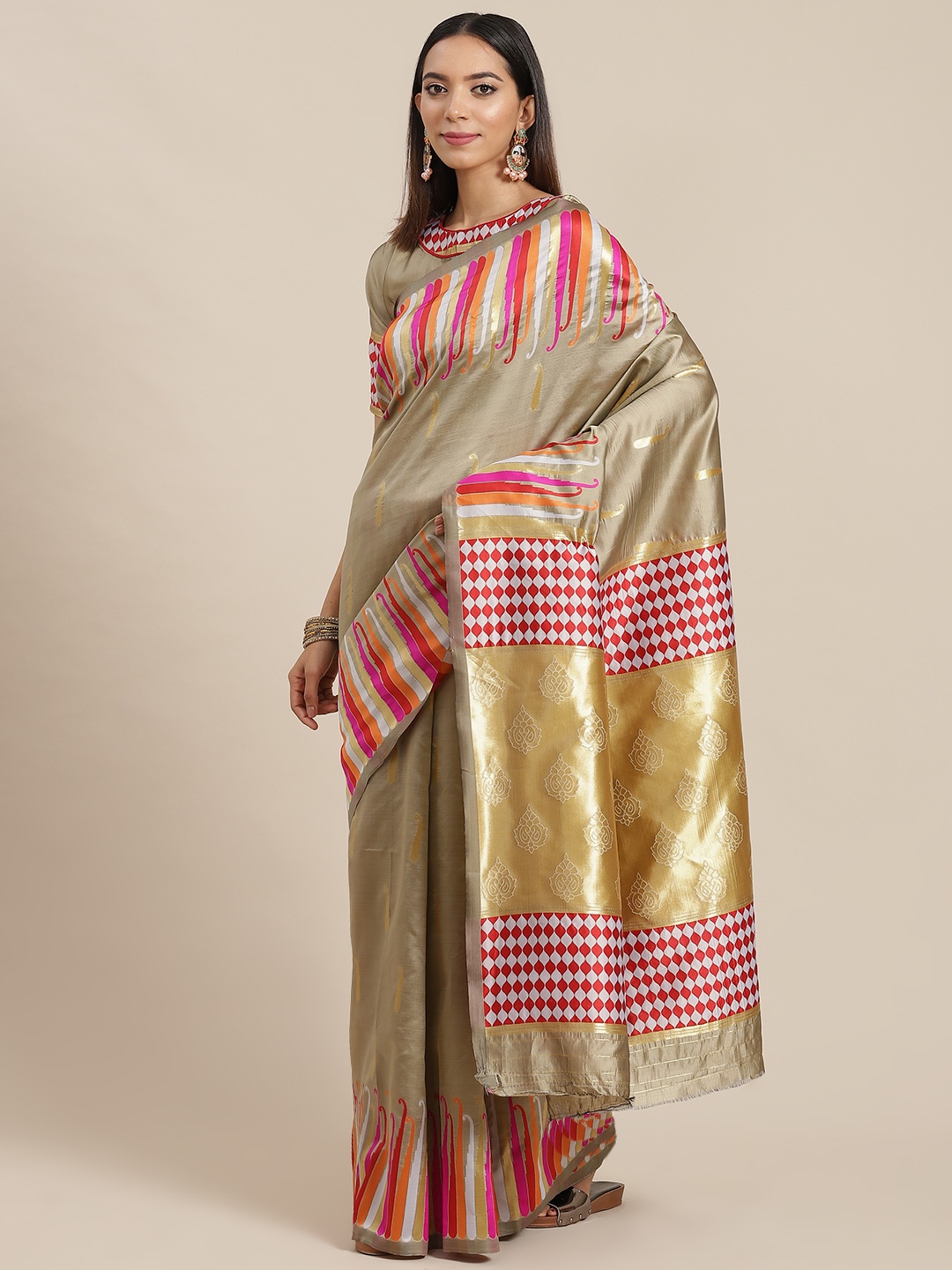 

RAJGRANTH Cream-Coloured Ethnic Motifs Ready to Wear Banarasi Saree
