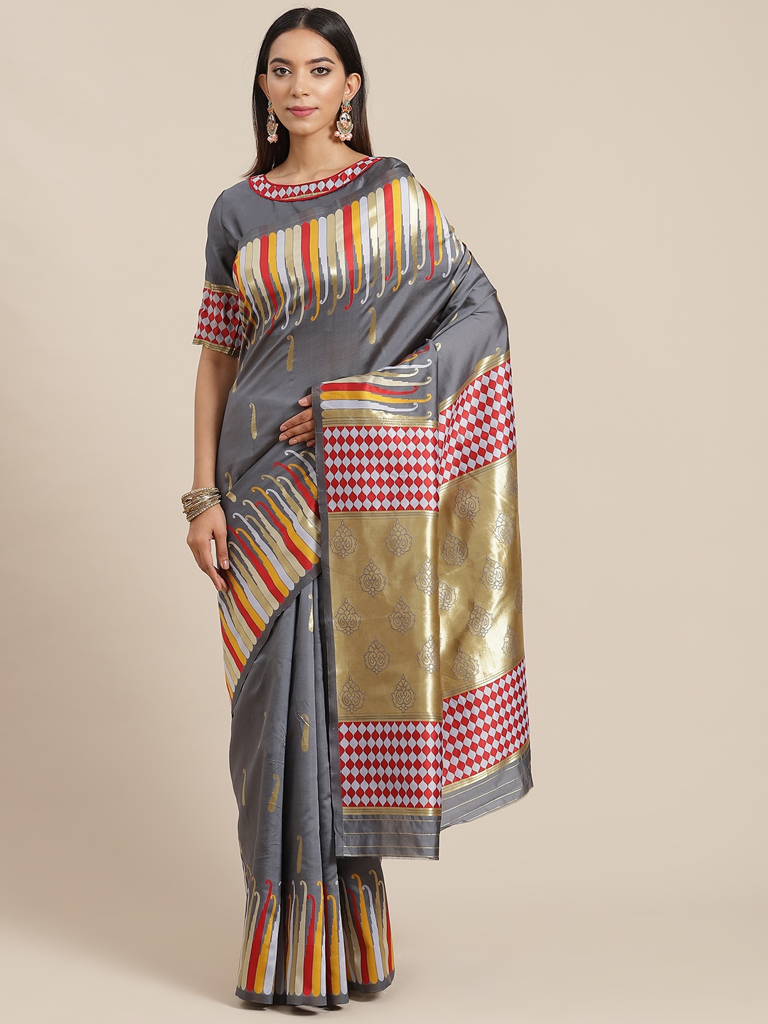 

RAJGRANTH Grey Ethnic Motifs Ready to Wear Banarasi Saree