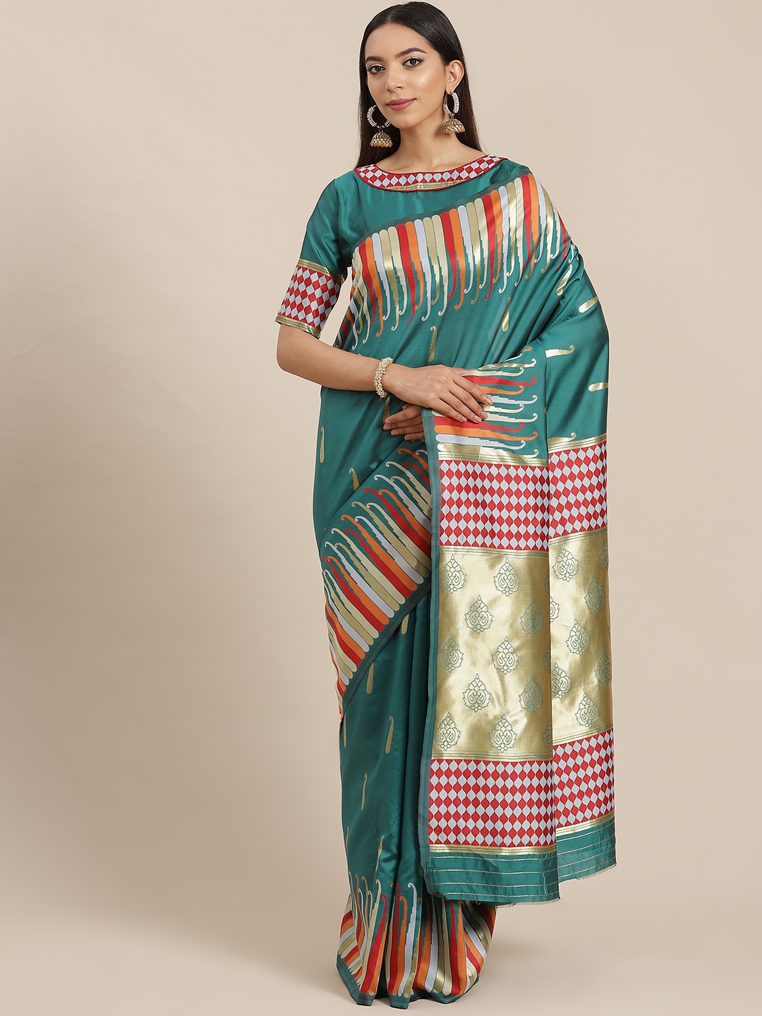 

RAJGRANTH Sea Green Ethnic Motifs Ready to Wear Banarasi Saree