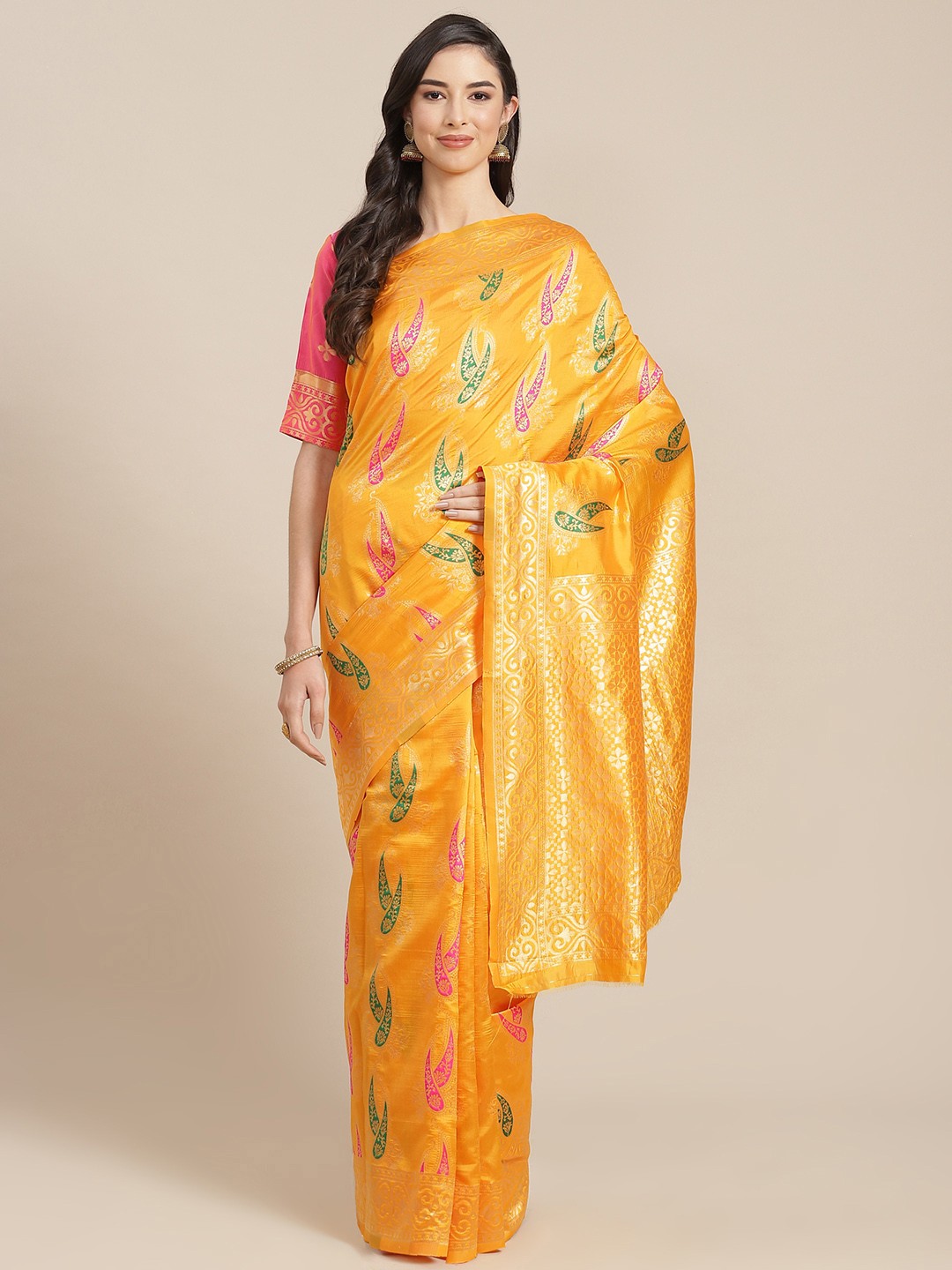 

RAJGRANTH Yellow Woven Design Silk Cotton Banarasi Saree