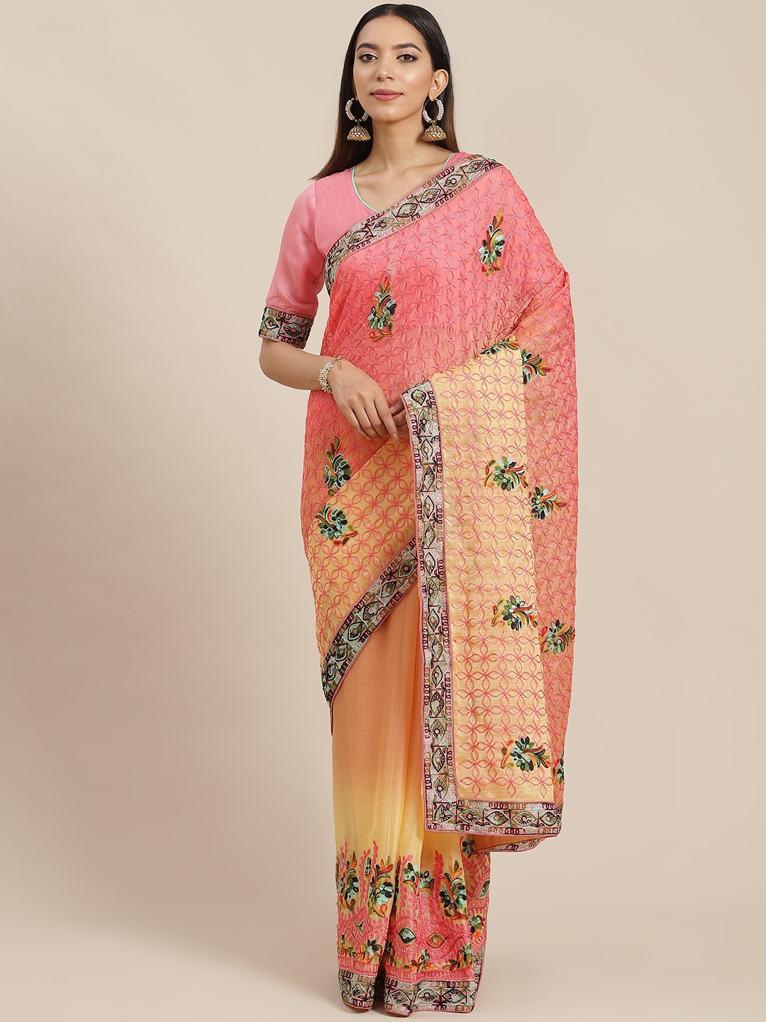 

RAJGRANTH Peach-Coloured Floral Embroidered Chiffon Saree