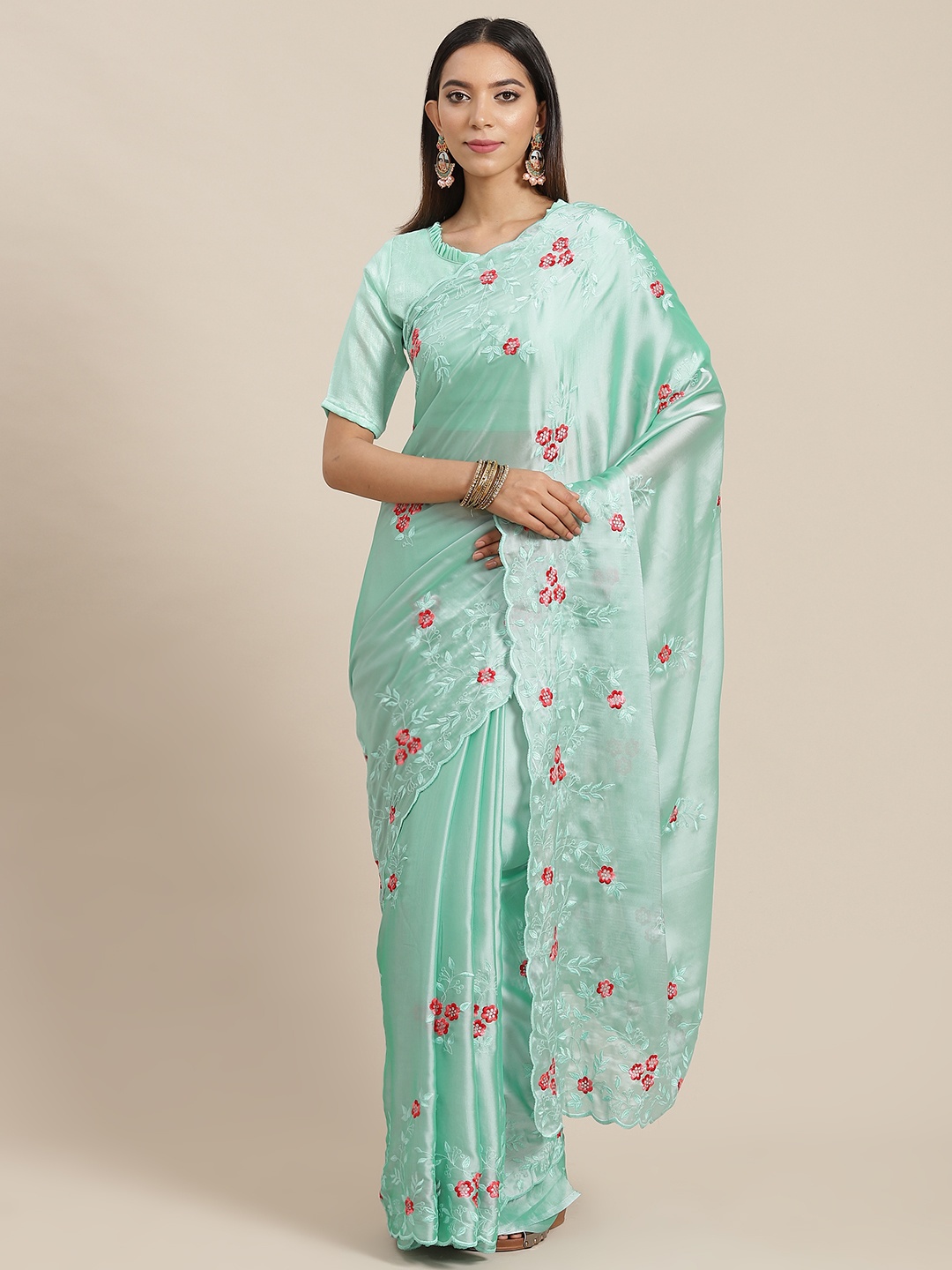 

RAJGRANTH Turquoise Blue Floral Embroidered Georgette Saree