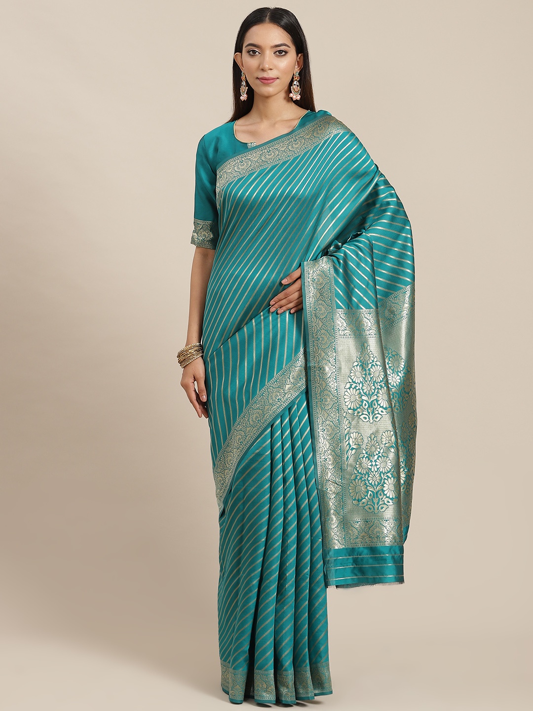 

RAJGRANTH Sea Green Striped Banarasi Saree